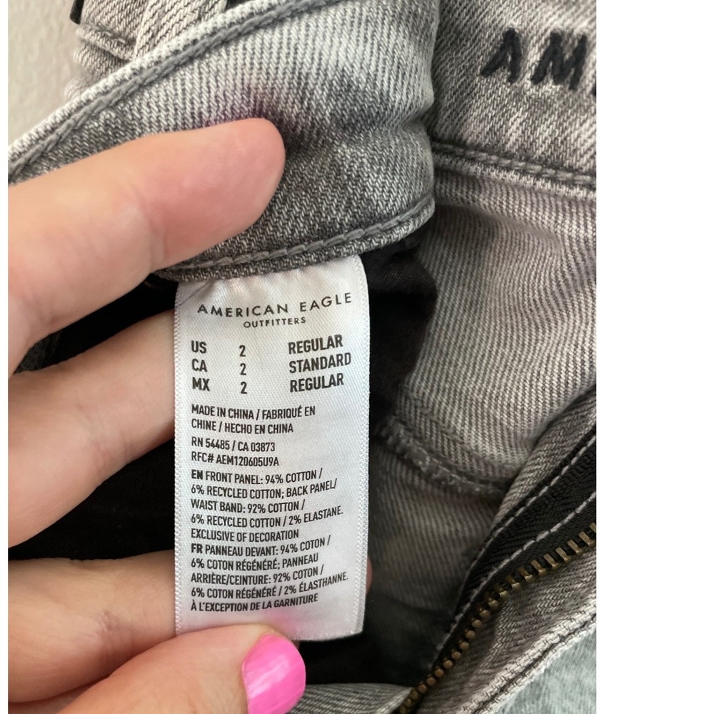 AE Rhinestoned Super High-Waist Baggy-Straight Glacier Gray Raw Hem Strigid Jean - Picture 12 of 16